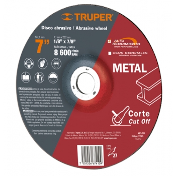 Disco p/corte metale, tipo27, diámetro 7, alto rendimiento 