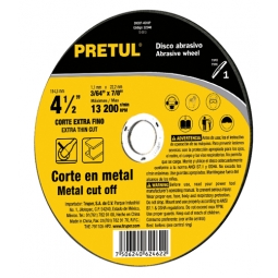 Disco corte fino de metal, tipo 1, 4-1/2, 1.0 mm, Pretul