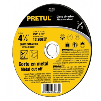 Disco corte fino de metal, tipo 1, 4-1/2, 1.0 mm, Pretul