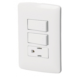 Placa con contacto y 2 interruptores sencillos color blanco