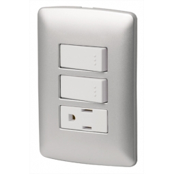 Placa con contacto y 2 interruptores sencillos color plata