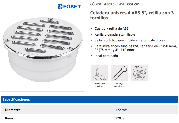 Coladera ABS 5', salida lateral 2', rejilla con 3 tornillos Foset