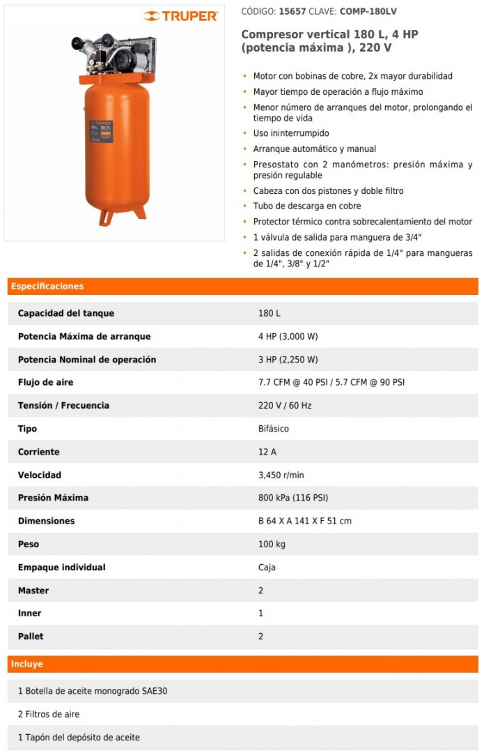 Compresor de aire, con banda, vertical 180L 4HP, 220V Truper, Compresores  De Aire 220V, 15657