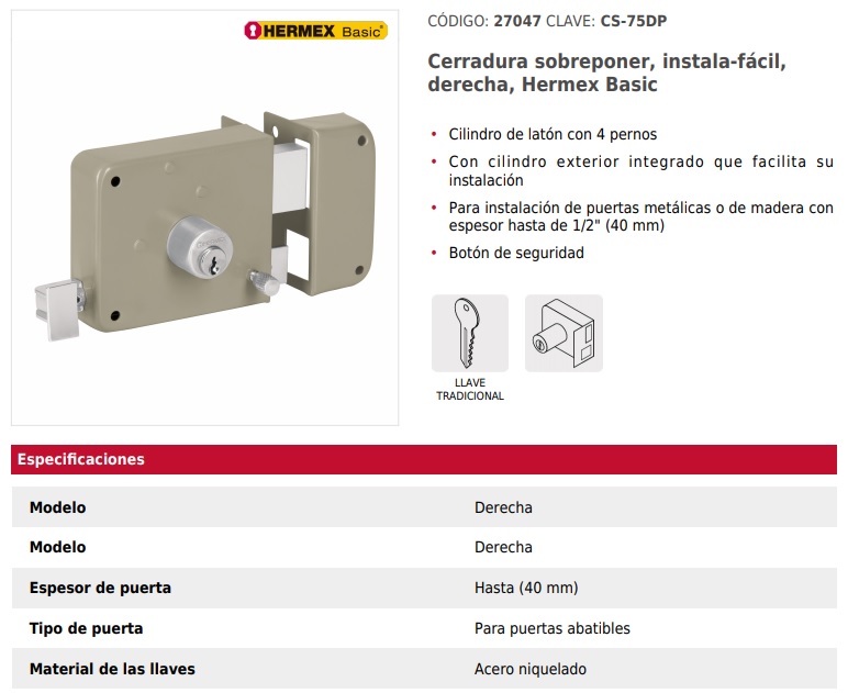 Cerradura sobreponer derecha instala-fácil Hermex