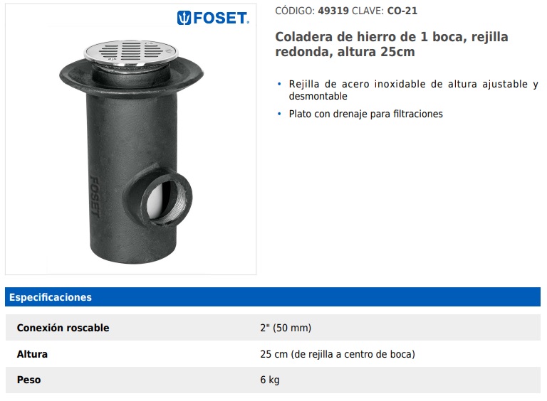 Coladera ABS 5', salida lateral 2', rejilla con 3 tornillos Foset