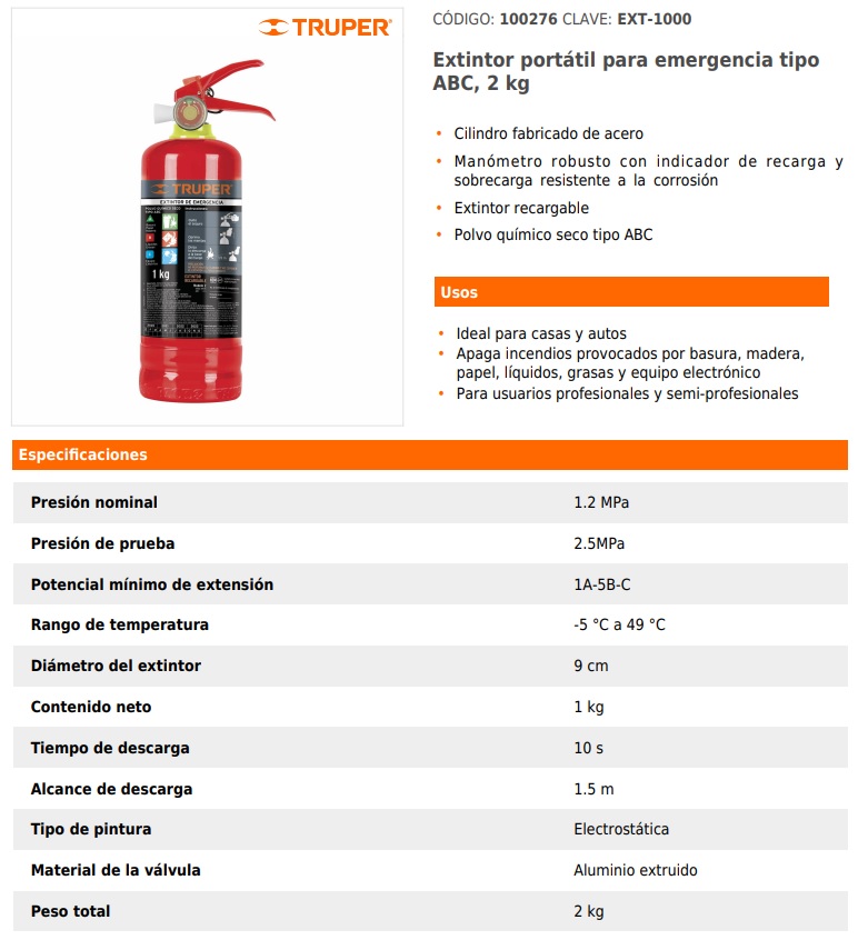 Extintor Recargable 2kg Clase ABC